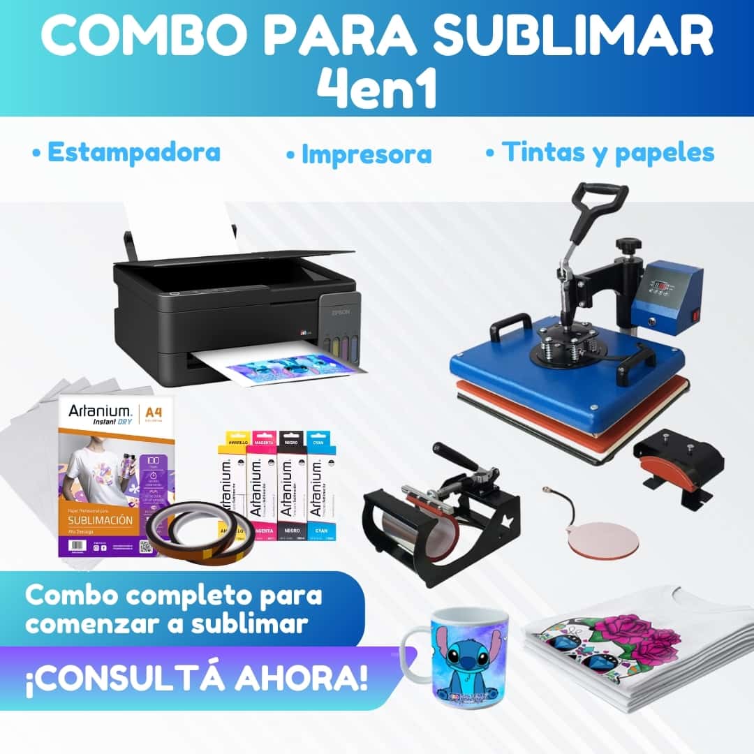 Combo TODO EN 1: Estampadora 4 en 1 de 30x38 + Impresora Epson + Tintas + Papel + Cinta Térmica