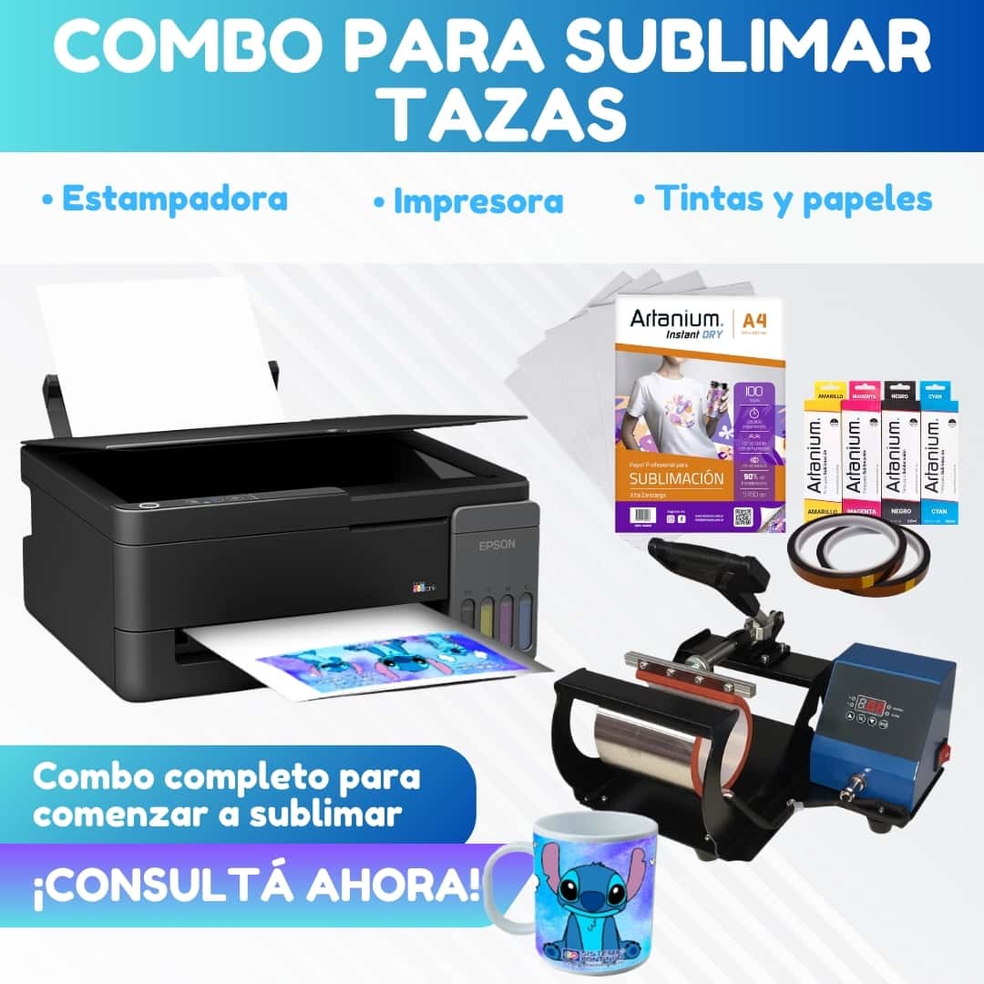 Combo TAZAS: Estampadora de Tazas + Impresora Epson + Tintas + Papel + Cinta Térmica