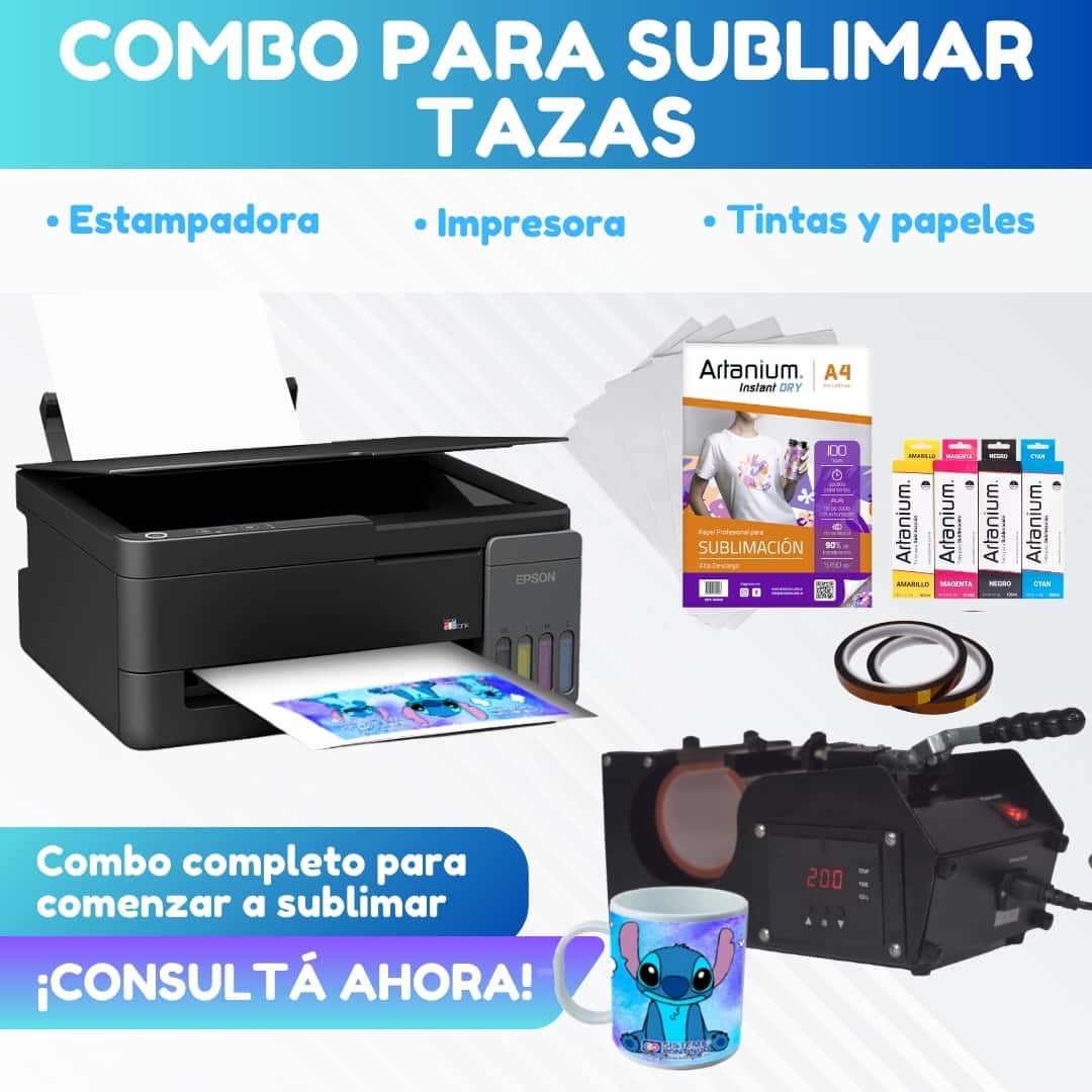 Combo TAZAS: Estampadora de Tazas + Impresora Epson + Tintas + Papel + Cinta Térmica