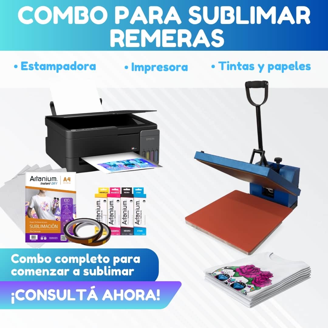 Combo REMERAS: Estampadora Plana de 38x38 + Impresora Epson + Tintas + Papel + Cinta Térmica