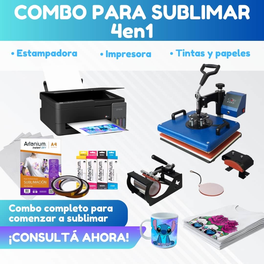 Combo TODO EN 1: Estampadora 4 en 1 de 30x38 + Impresora Epson + Tintas + Papel + Cinta Térmica