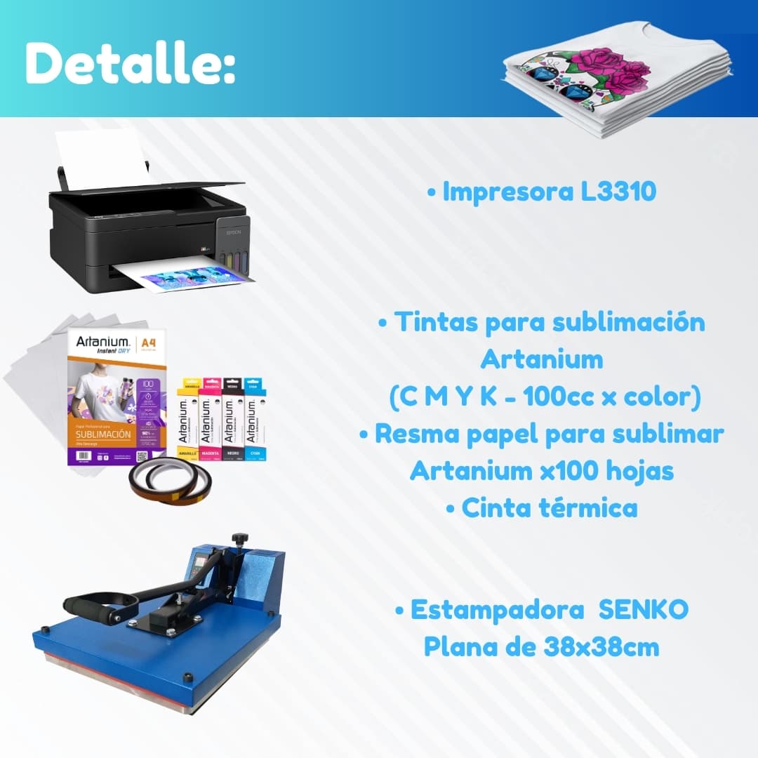 Combo REMERAS: Estampadora Plana de 38x38 + Impresora Epson + Tintas + Papel + Cinta Térmica