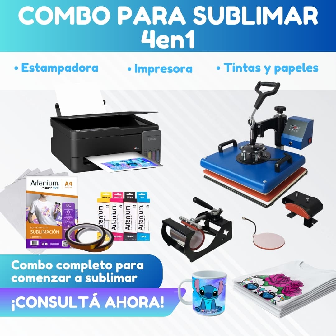 Combo TODO EN 1: Estampadora 4 en 1 de 30x38 + Impresora Epson + Tintas + Papel + Cinta Térmica