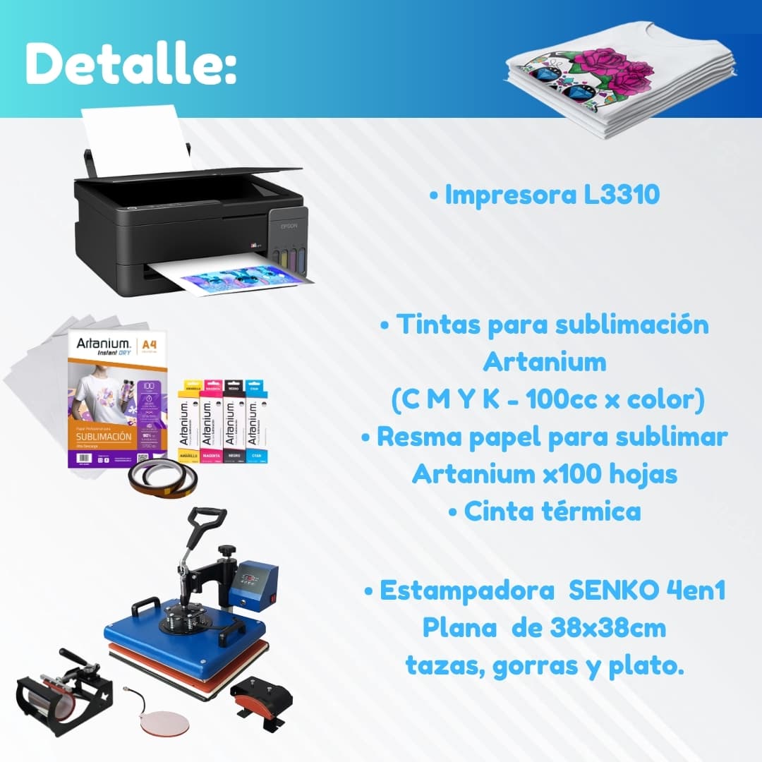 Combo TODO EN 1: Estampadora 4 en 1 de 30x38 + Impresora Epson + Tintas + Papel + Cinta Térmica