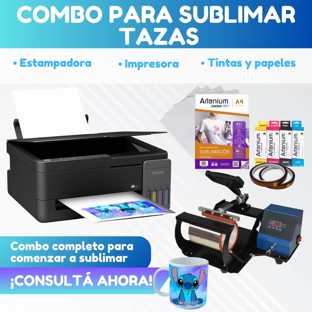 Combo TAZAS: Estampadora de Tazas + Impresora Epson + Tintas + Papel + Cinta Térmica