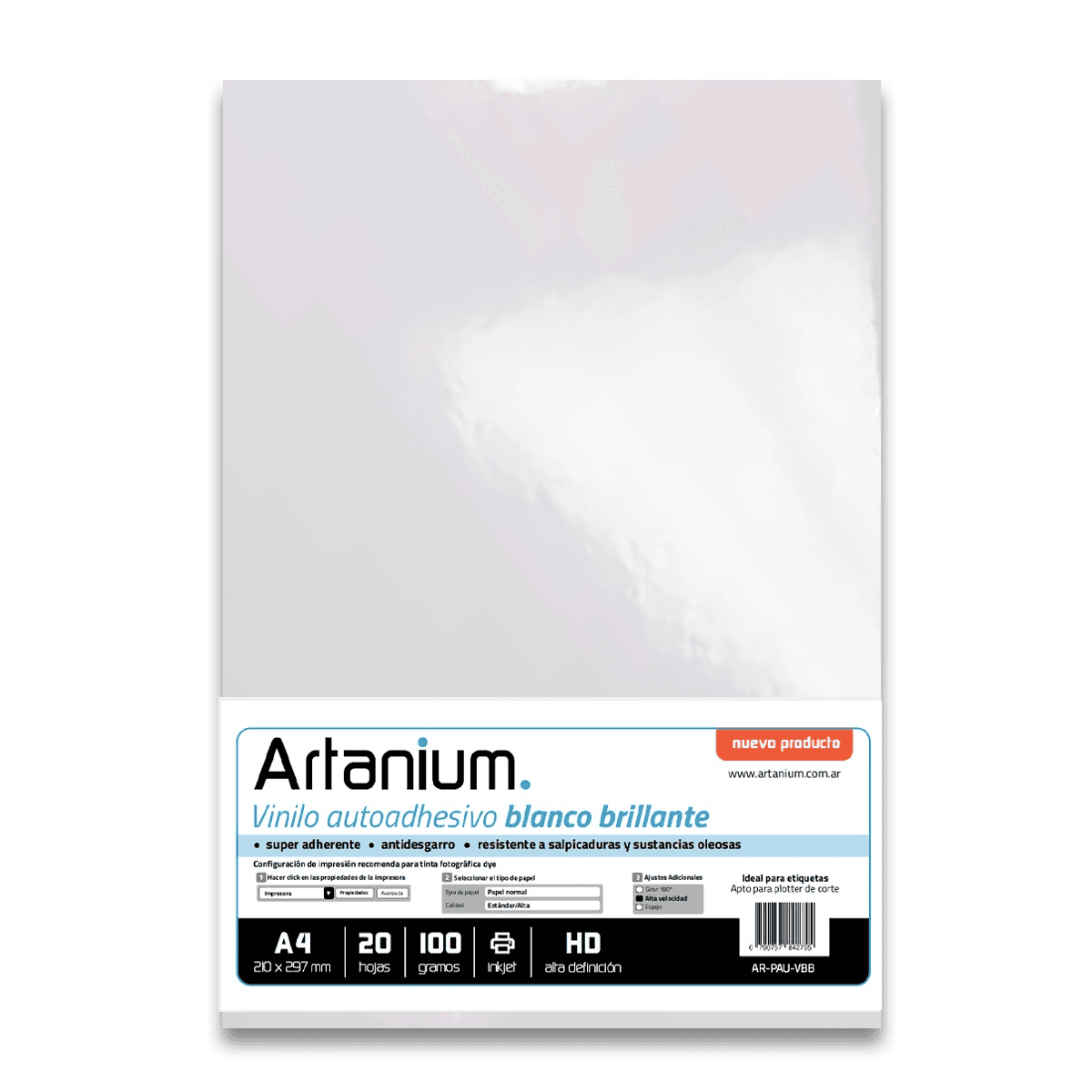 Vinilo Adhesivo Blanco Brillante - A4 100gr - 20 Hojas