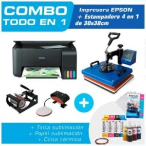 Combo TODO EN 1: Estampadora 4 en 1 de 30x38 + Impresora Epson + Tintas + Papel + Cinta Térmica