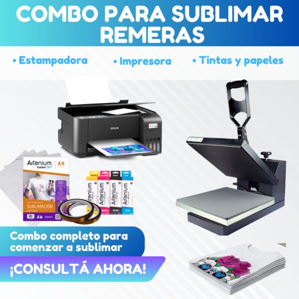 Combo REMERAS: Estampadora Plana de 38x38 + Impresora Epson + Tintas + Papel + Cinta Térmica